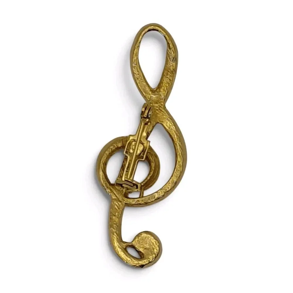 Vtg 1960's Trebel Clef Brooch Pin Gold Tone Unsigned Large Music Lover Musician